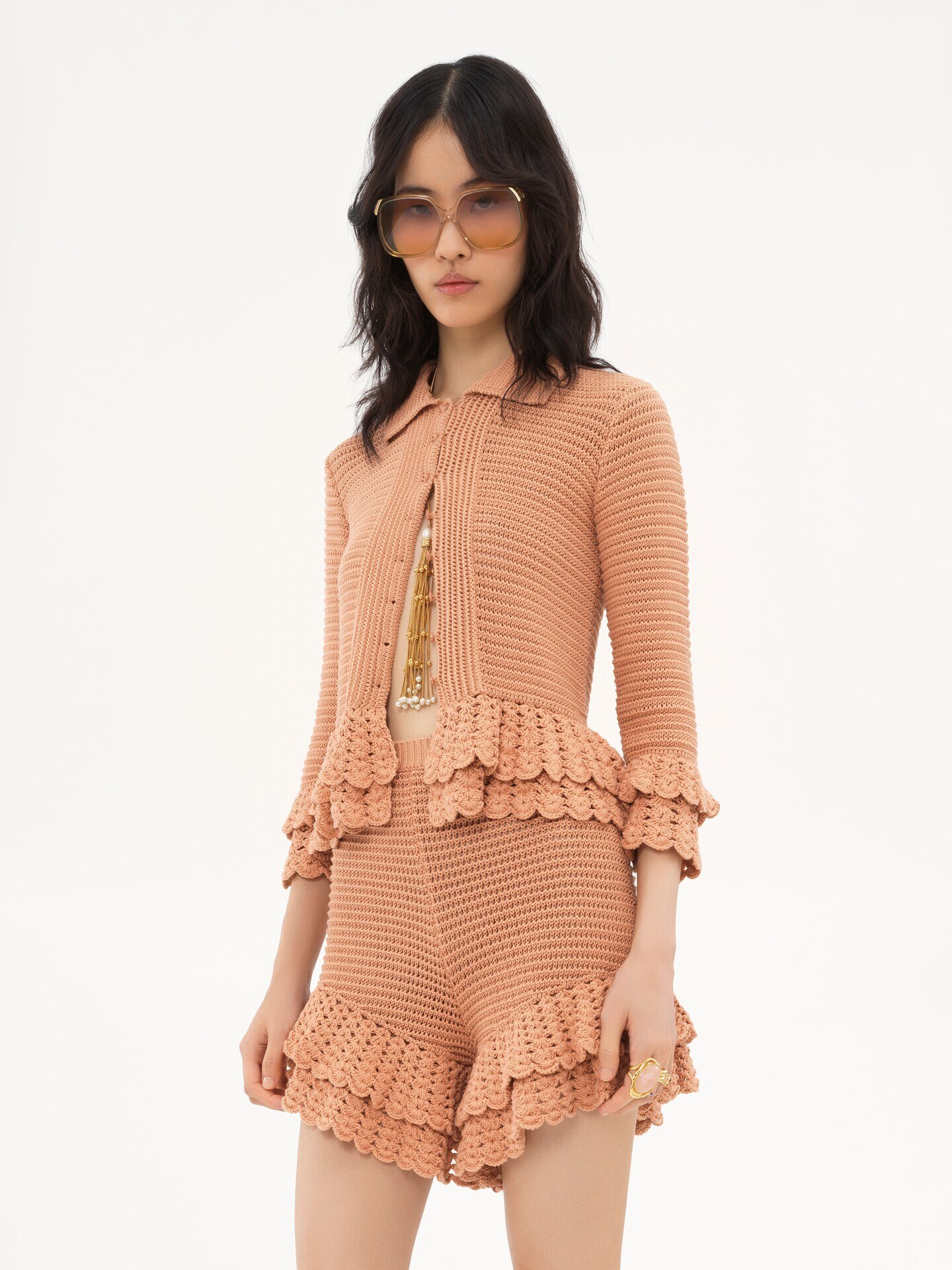 Fitted ruffled cardigan in crochet knit Cheek - Chloé