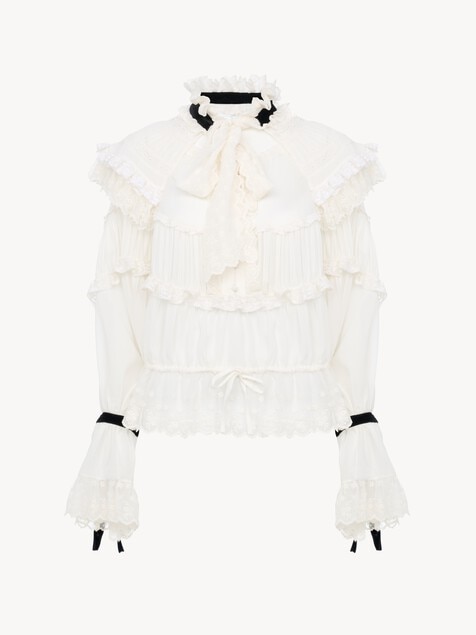 Tie-front ruffle top in silk mousseline & lace