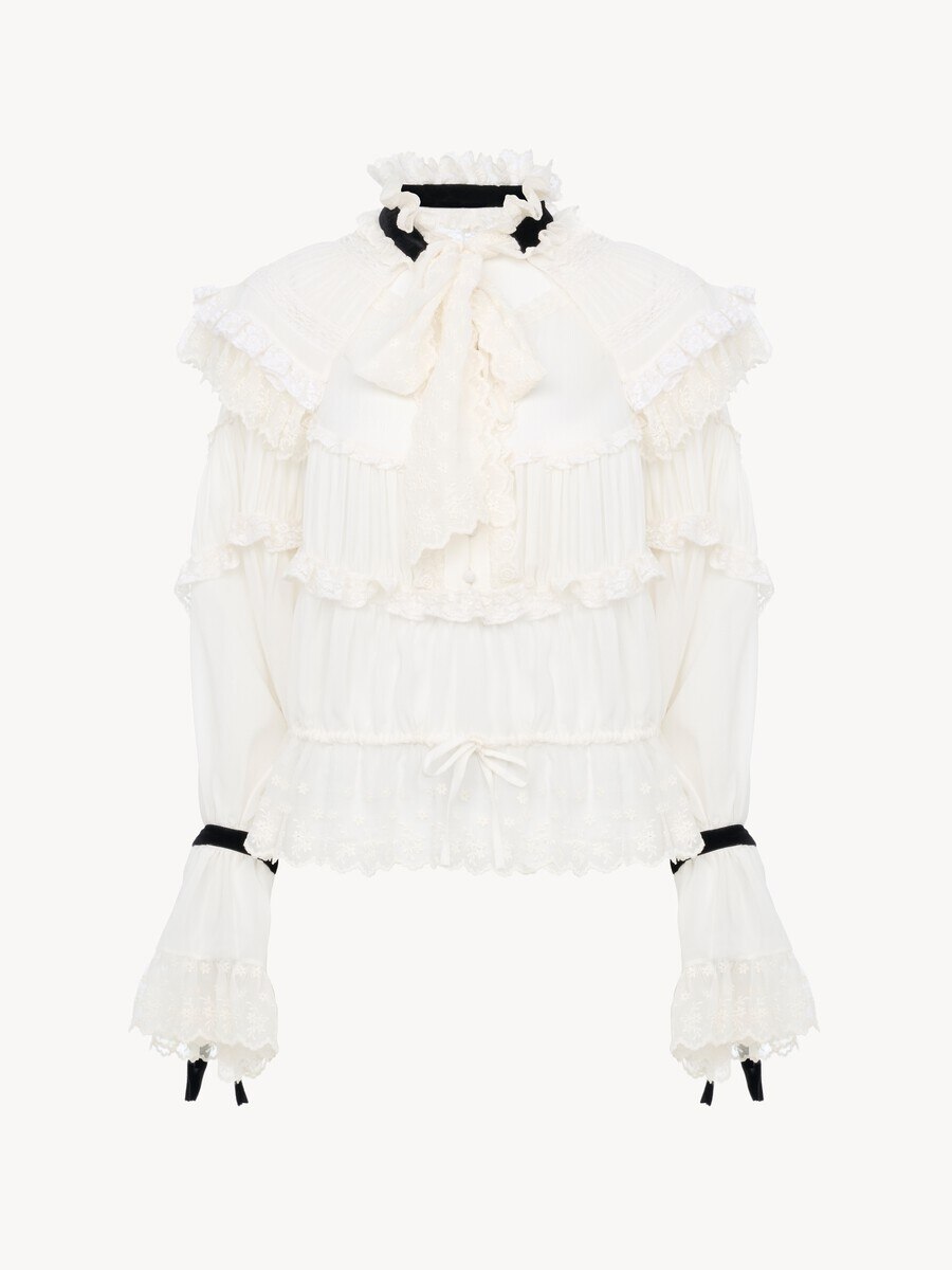 Tie-front ruffled top in silk mousseline & lace - 2