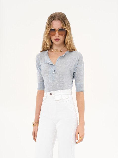 Short-sleeve Henley shirt in linen & silk knit