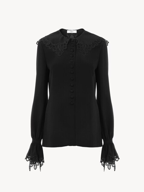 Fluid blouse in cr&ecirc;pe de chine & lace