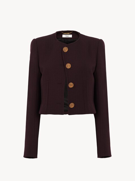 Collarless cropped jacket in wool cr&ecirc;pe