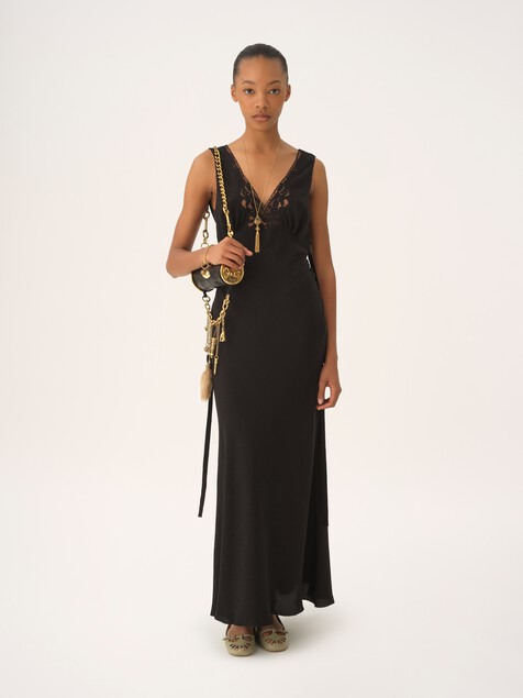 Robe colonne sans manches en soie jacquard et dentelle