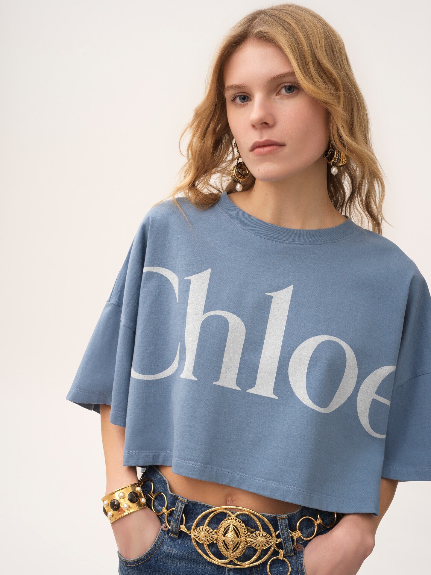 Cropped boxy logo T-shirt in cotton jersey Blue - Chloé