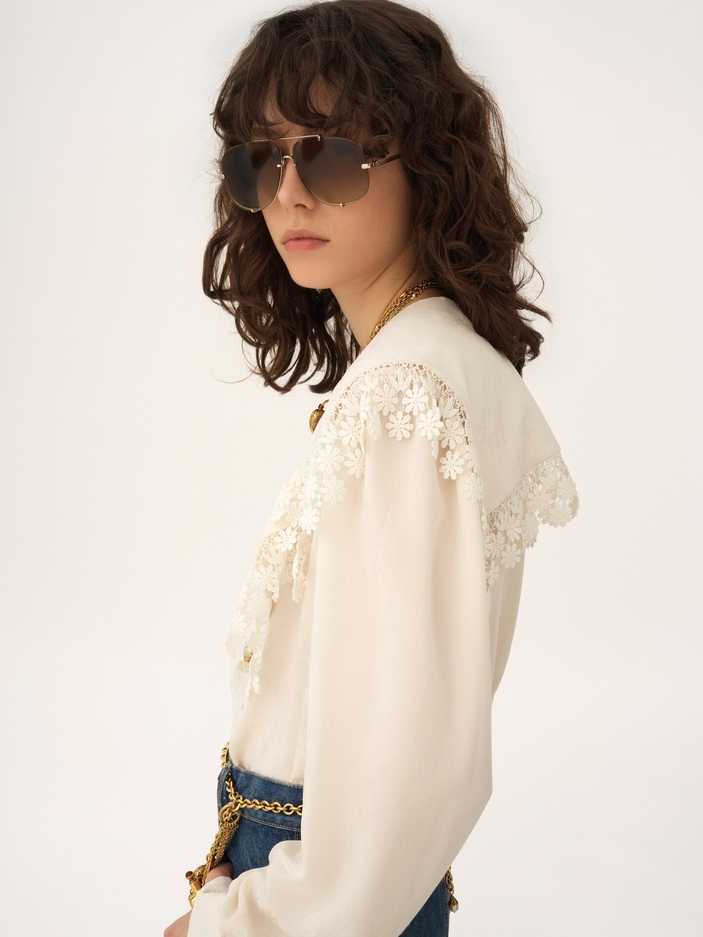 Maxi-collar blouse in silk jacquard & lace - 5