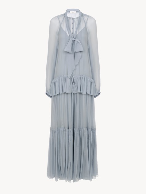Vestido largo de corte lavalli&egrave;re de muselina de seda