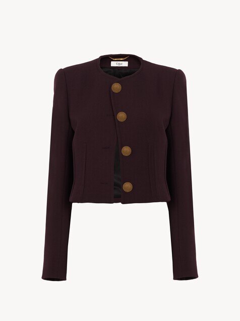 Collarless cropped jacket in wool cr&ecirc;pe