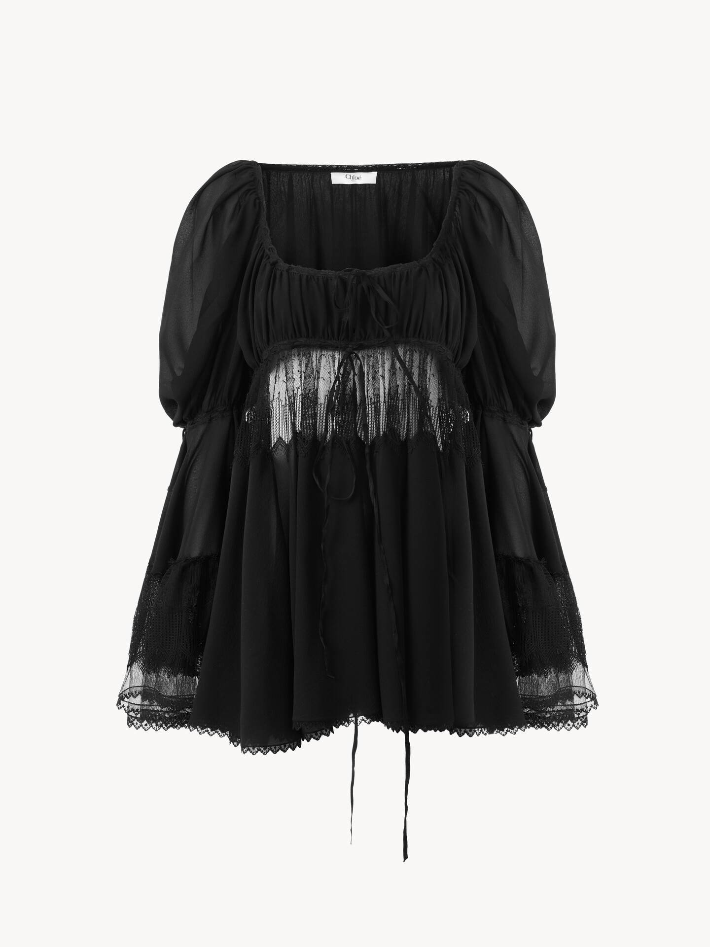 Top manches bouffantes &agrave; encolure carr&eacute;e en georgette de soie et dentelle - 1