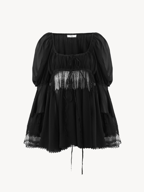 Top manches bouffantes &agrave; encolure carr&eacute;e en georgette de soie et dentelle