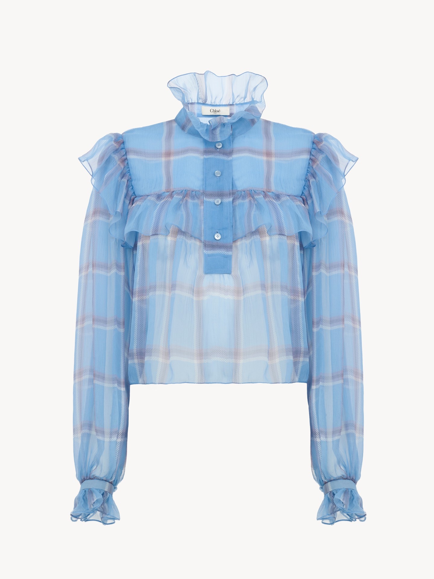 チェックシルクモスリン製フリルトップス 青 - Chloé