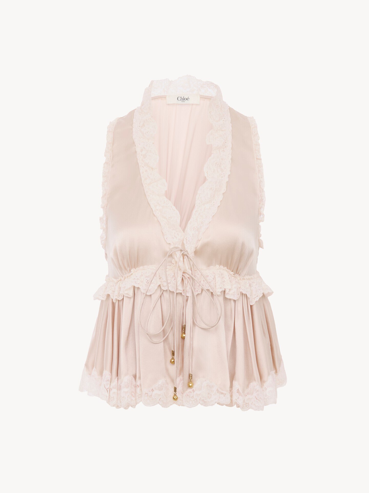 Tie-front sleeveless top in washed silk satin & lace - 2