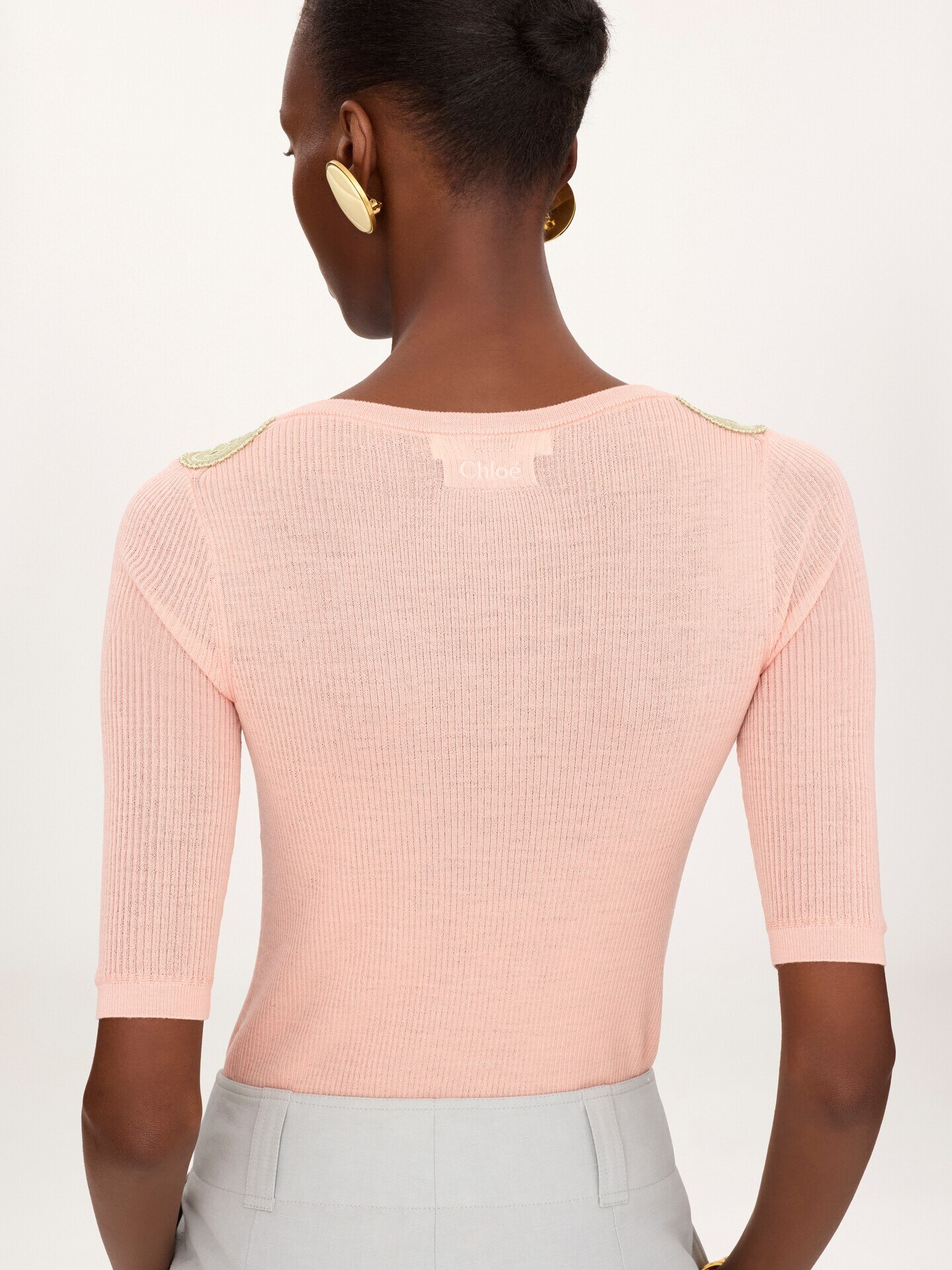Elbow-sleeve fitted jumper in a wool knit & lace - 4.0