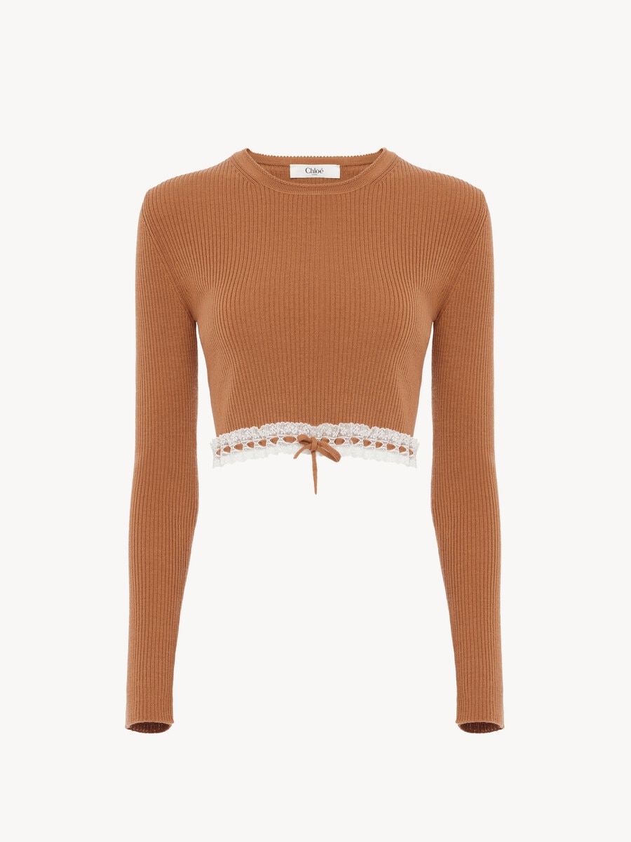 Cropped fitted jumper in a wool knit & lace - 2