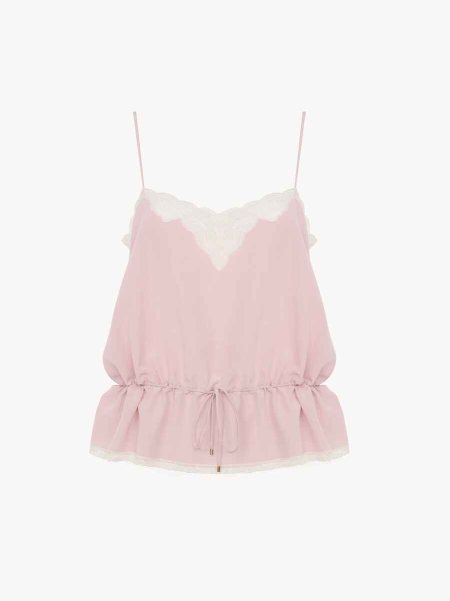 Drawstring camisole top in cr&ecirc;pe de chine & lace - 1