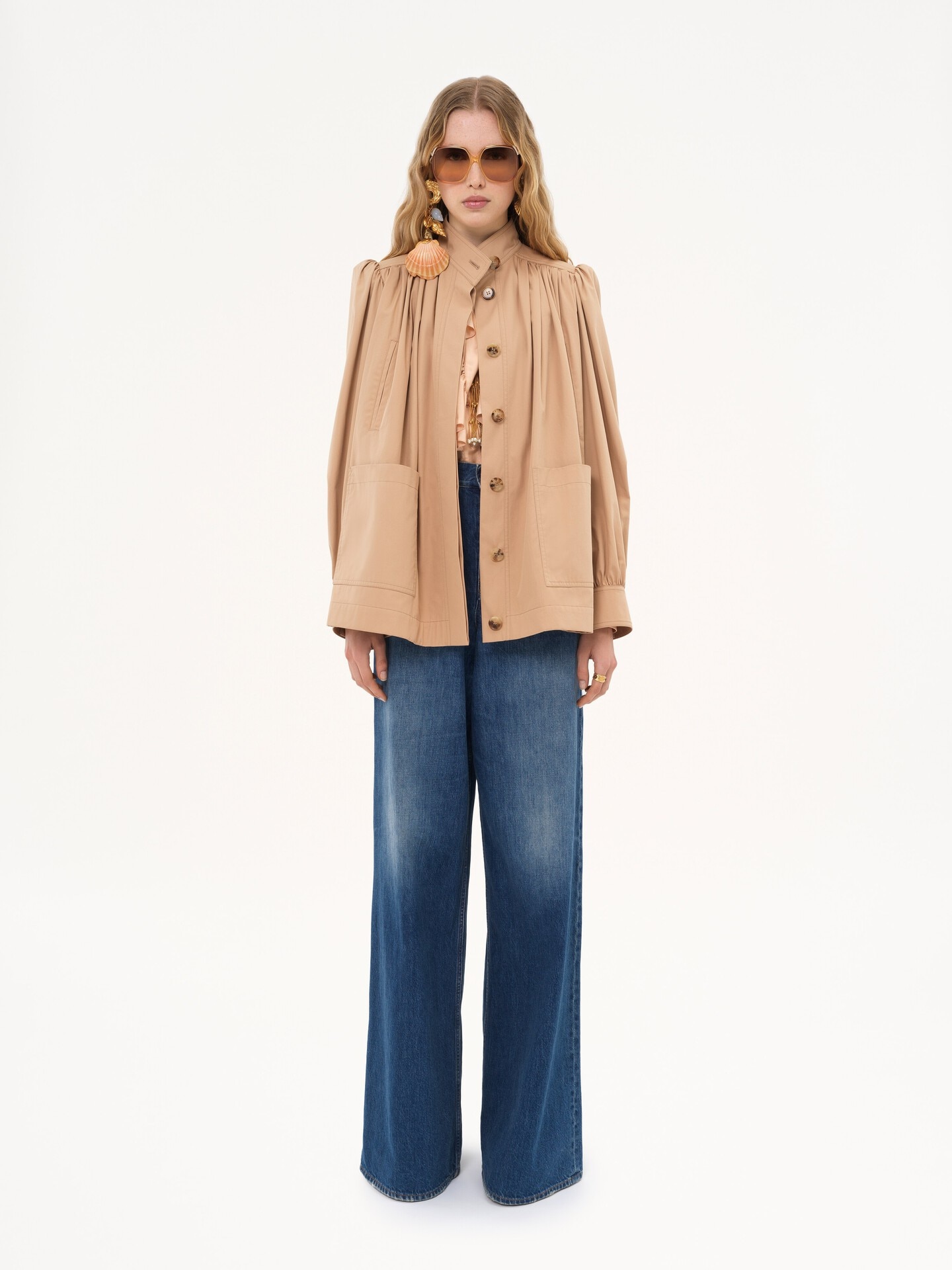 High-neck gathered jacket in cotton gabardine - 3