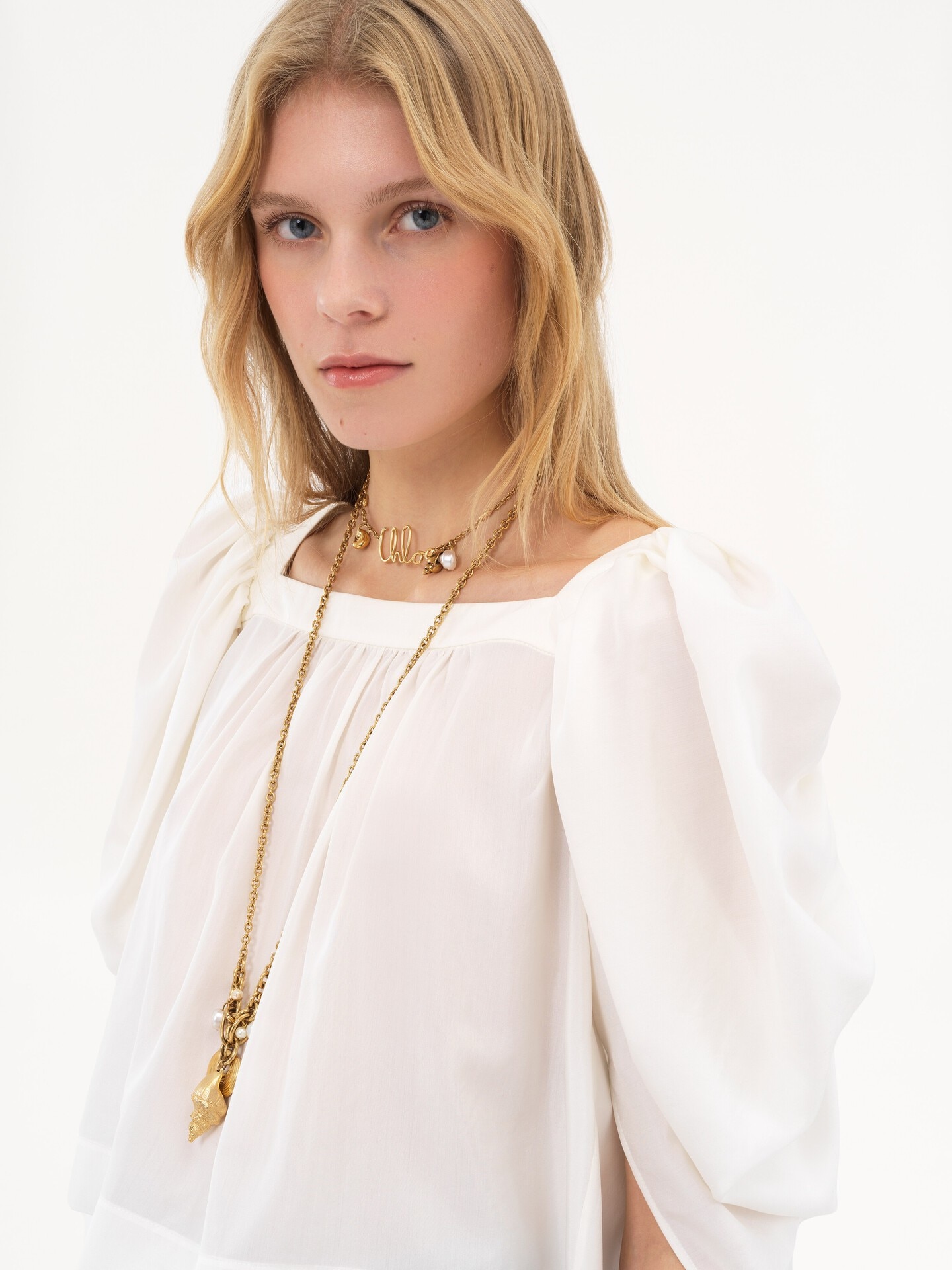 Puff-sleeve pleated top in silk poplin - 6