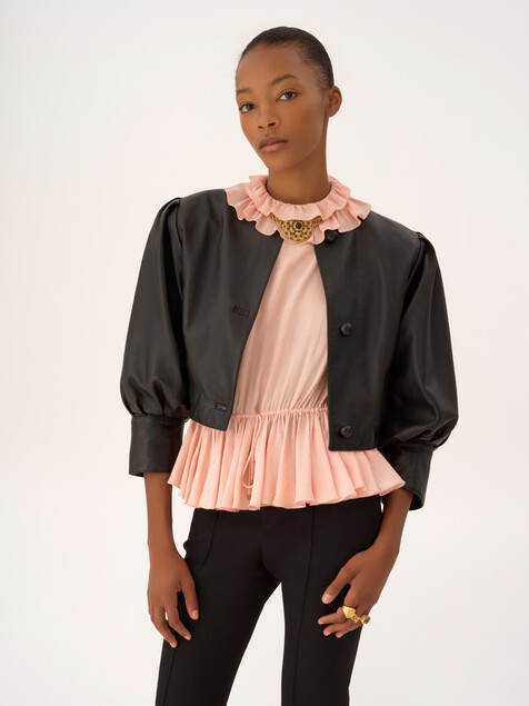 Cropped collarless jacket in leather