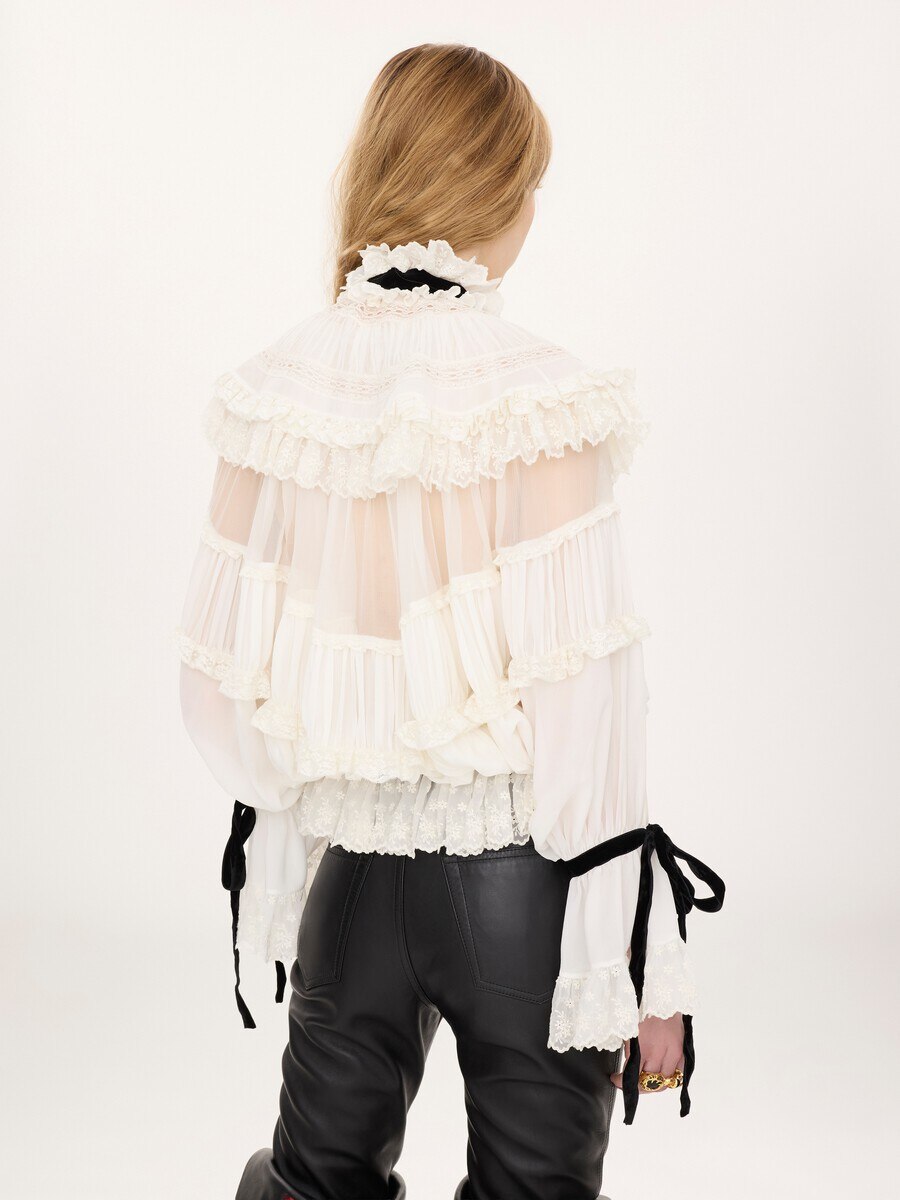Tie-front ruffled top in silk mousseline & lace - 5