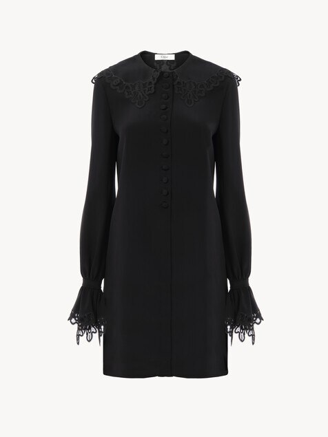 Long-sleeve mini dress in cr&ecirc;pe de chine & lace