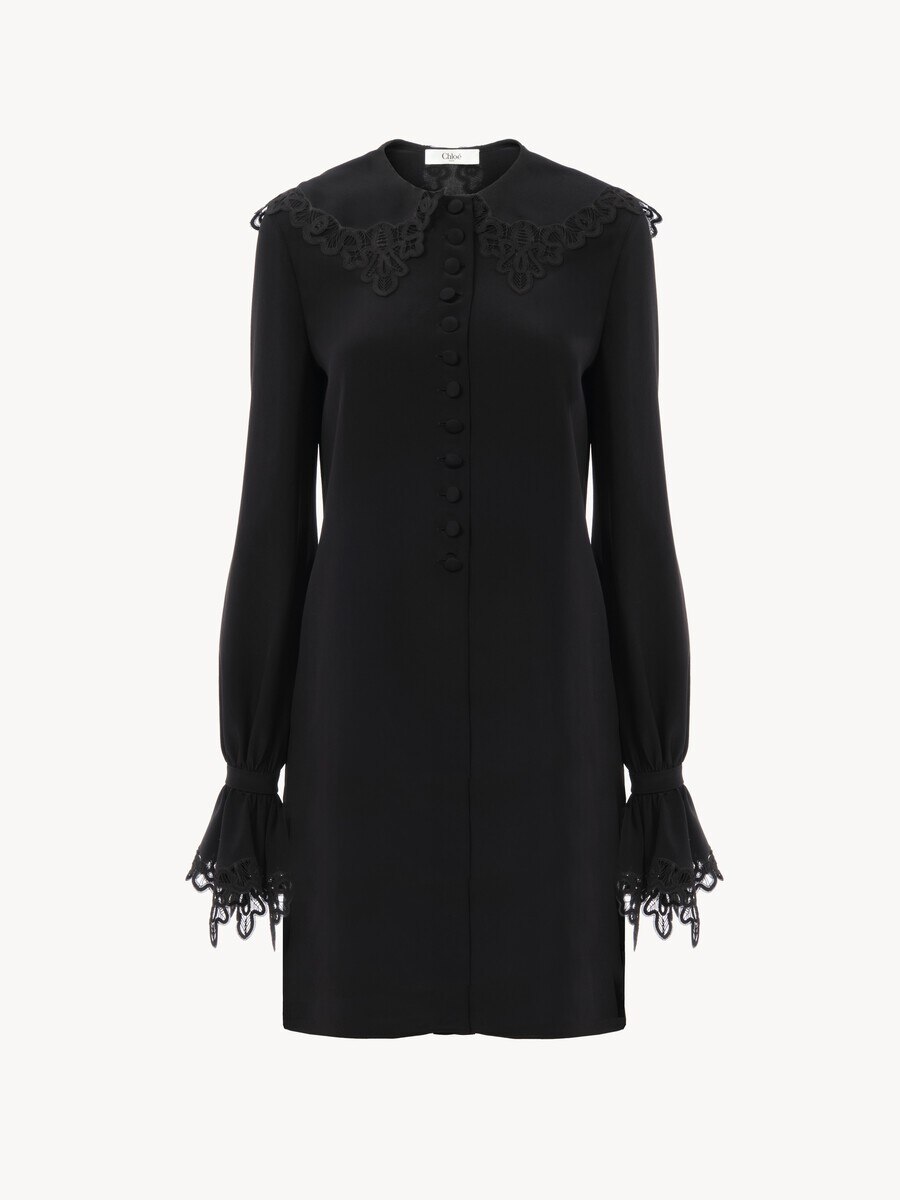 Long-sleeve mini dress in cr&ecirc;pe de chine & lace - 2