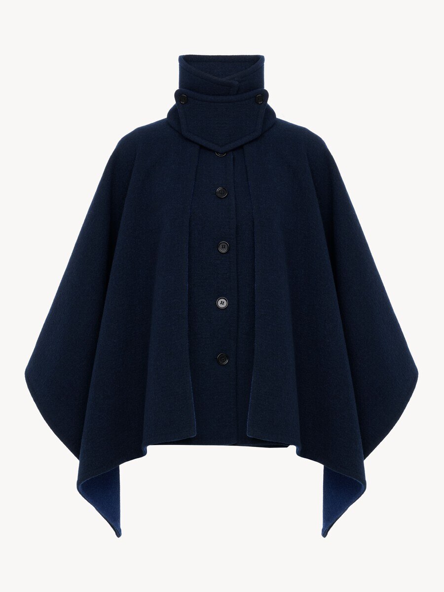 High-neck short cape coat in washed double-face wool - 2