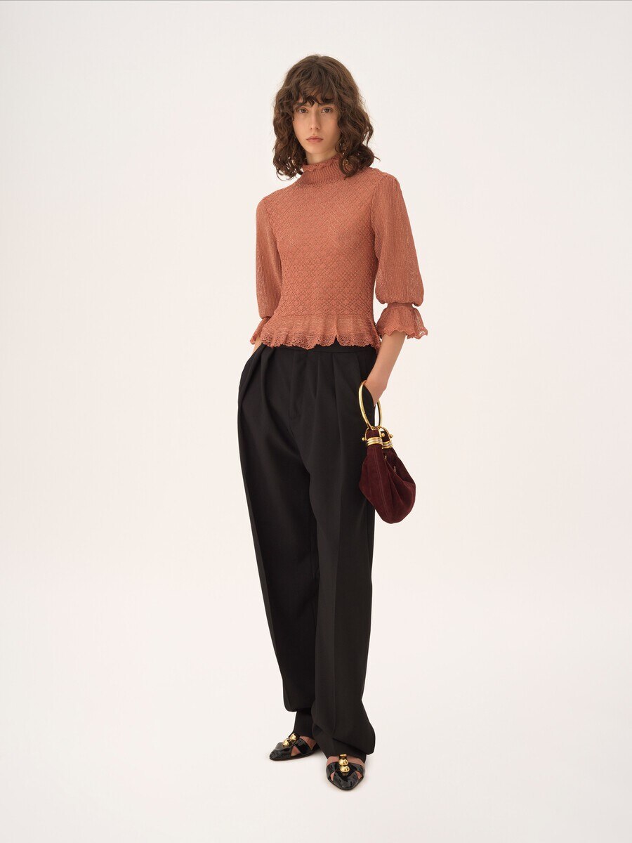Pullover con volant e maniche a sbuffo in maglia di lurex - 3