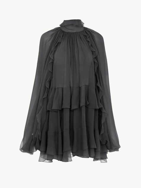 Mini cape dress in silk mousseline