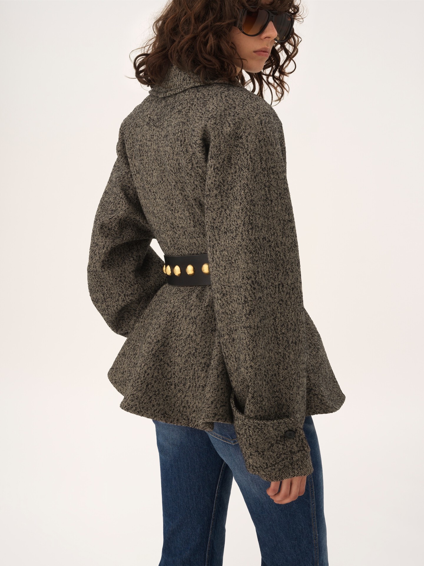 Manteau cavalier court en laine &agrave; chevrons - 7