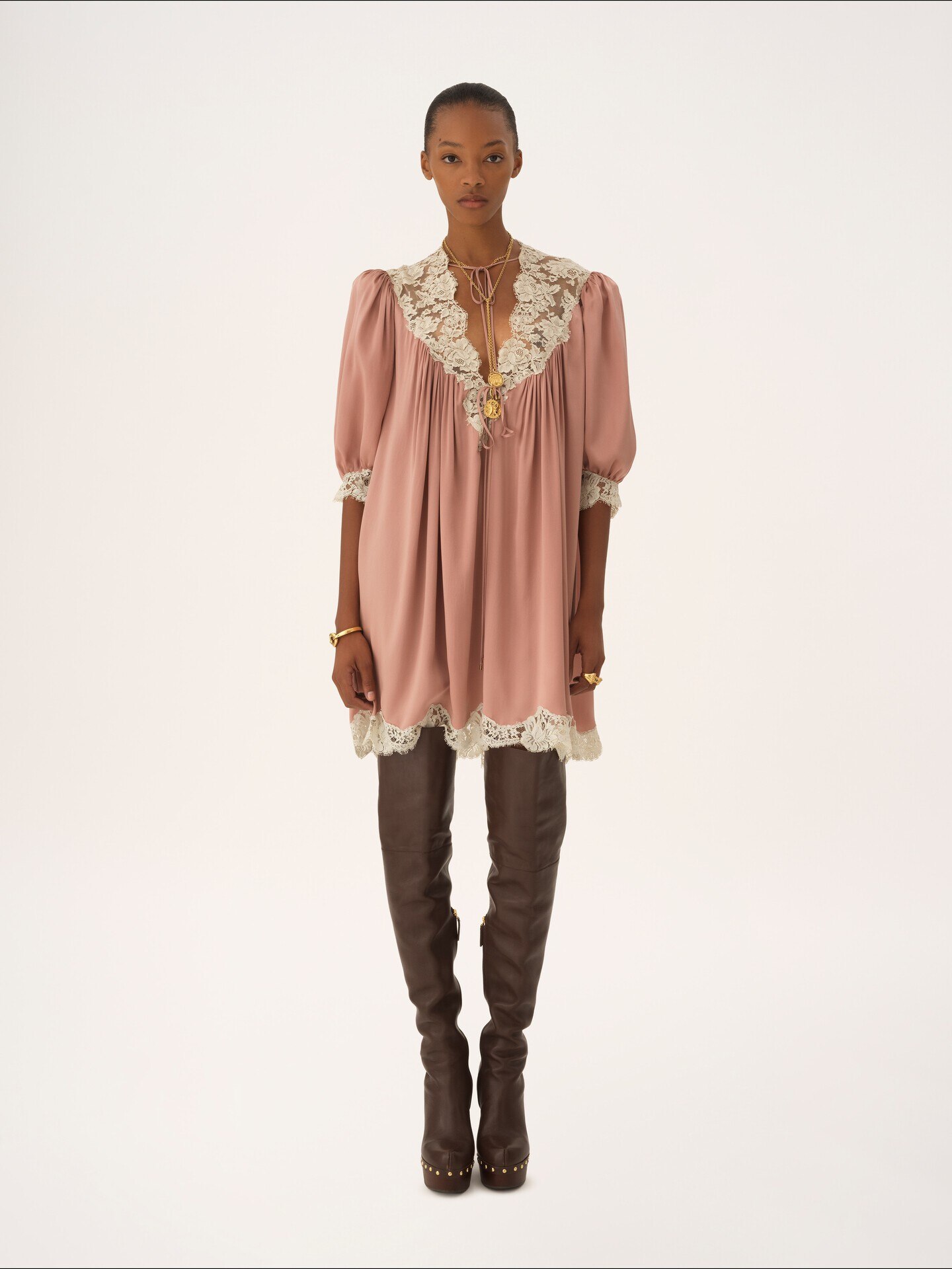 Gathered V-neck mini dress in washed silk satin & lace - 1.0