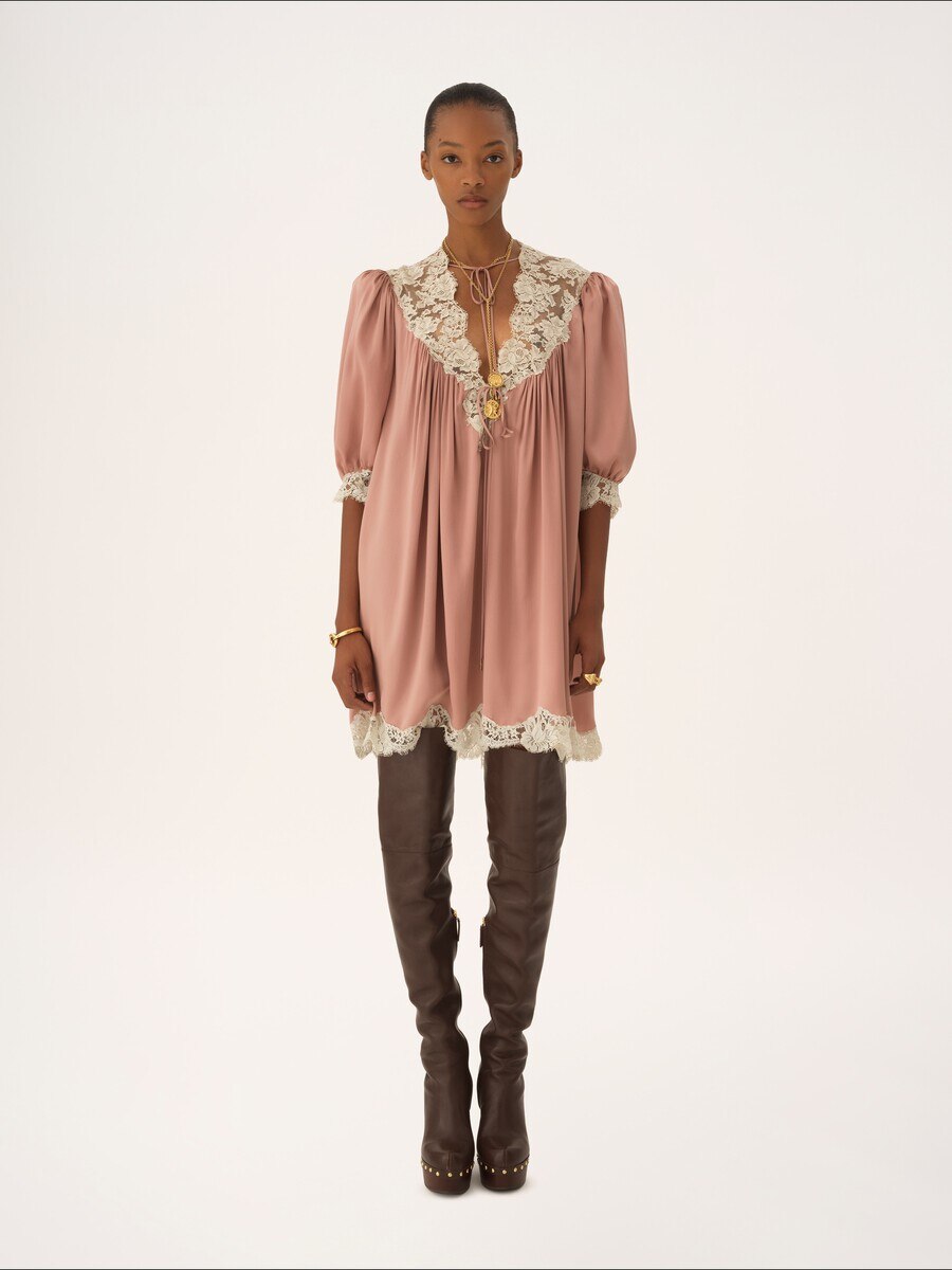 Gathered V-neck mini dress in washed silk satin & lace - 1