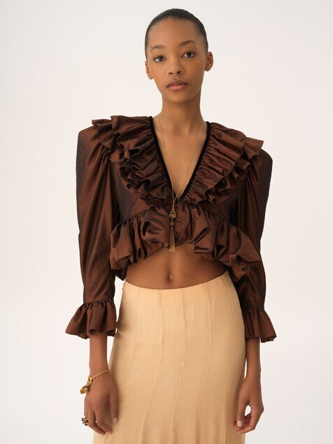 Cropped V-neck ruffle top in washed silk taffeta