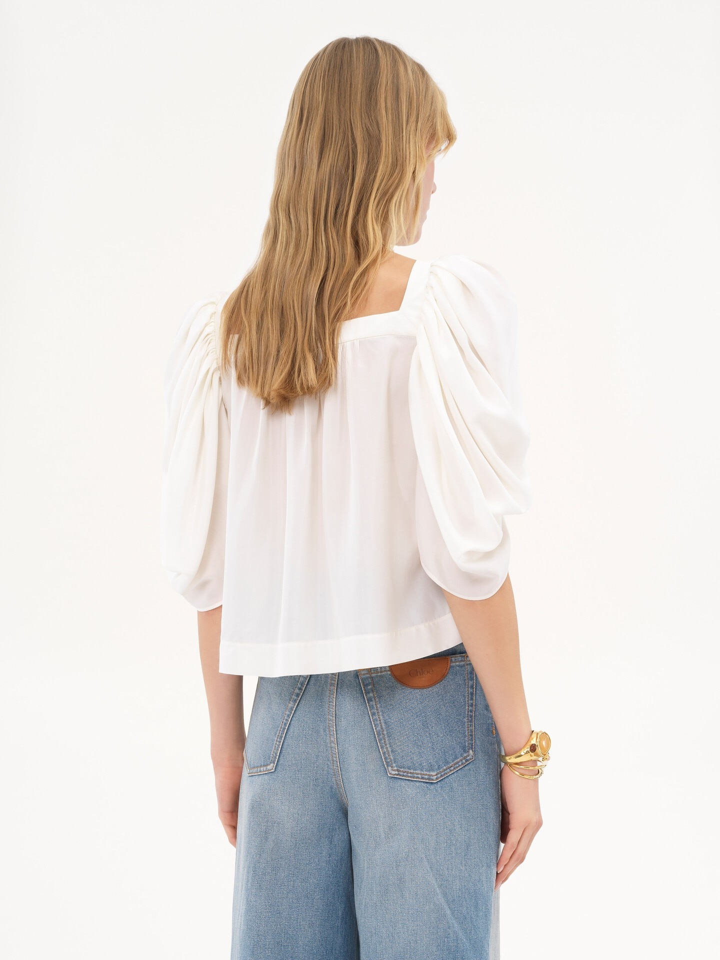 Puff-sleeve pleated top in silk poplin - 5