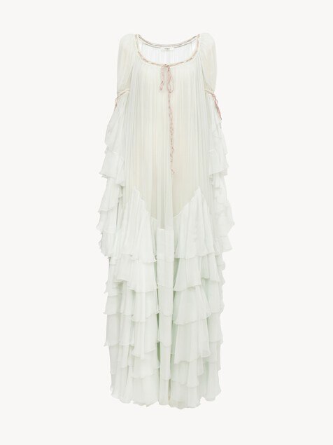 Robe longue oversize &agrave; volants en mousseline de soie