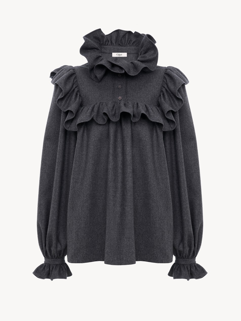 High-neck ruffle top in wool & cashmere flannel