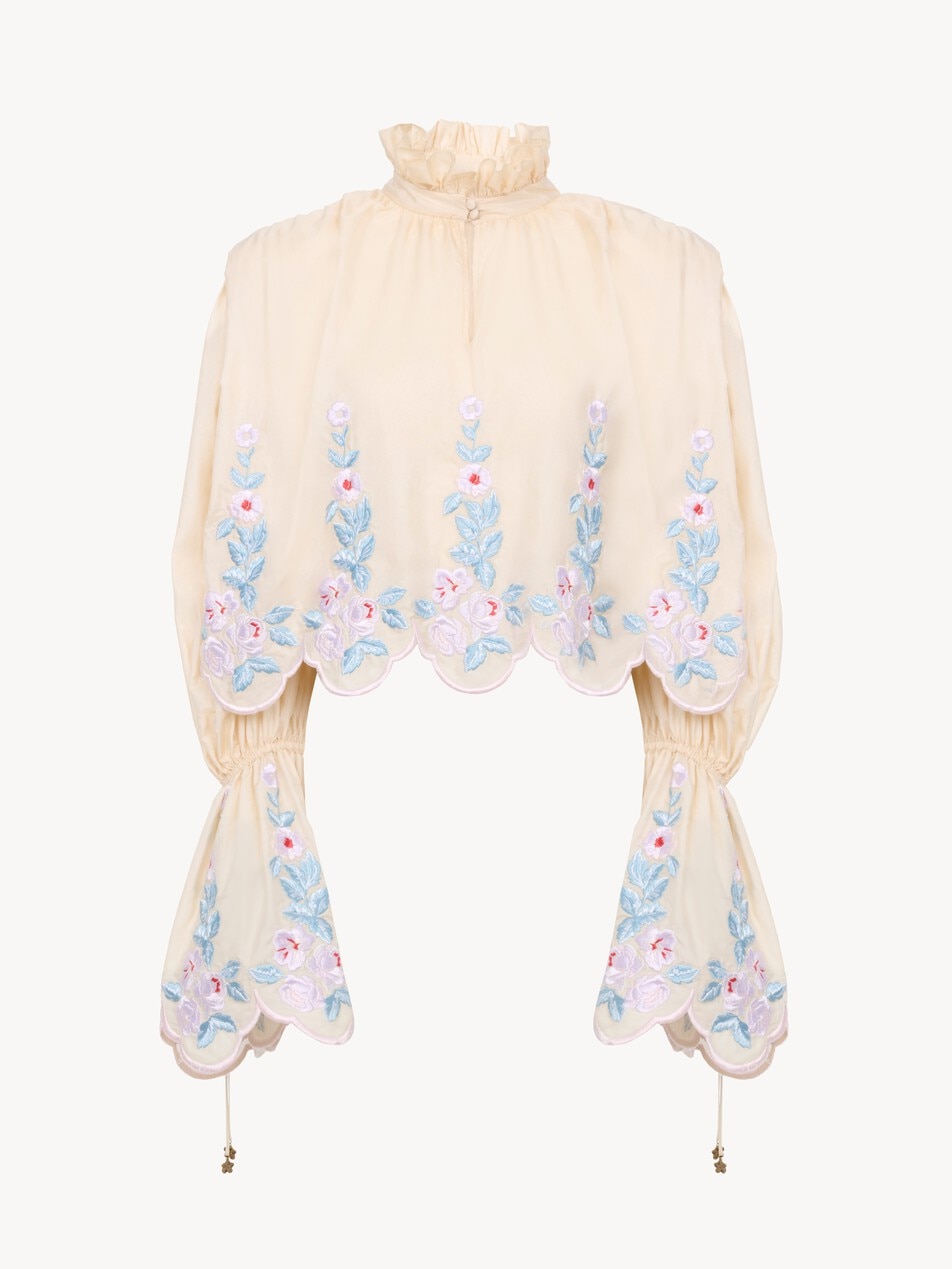 High-neck puff-sleeve top in technical taffeta