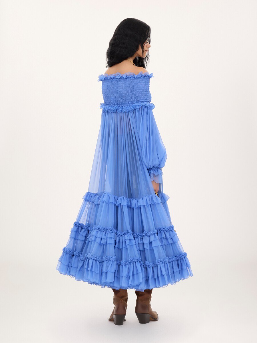 Robe longue encolure bardot en mousseline de soie - 6