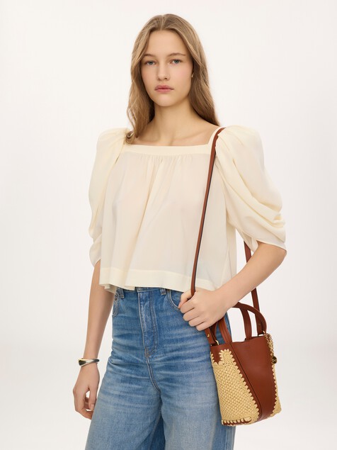 Small Chlo&eacute; Spin tote bag in raffia-effect & leather