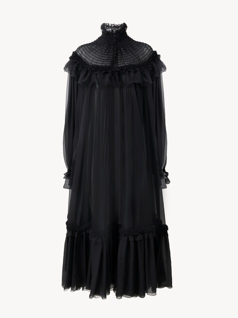 Robe midi col montant &agrave; volants en mousseline de soie