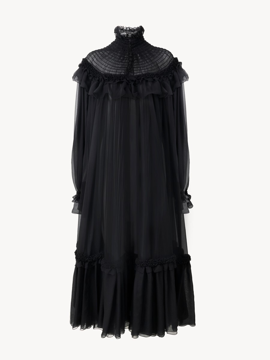 High-neck ruffled midi dress in silk mousseline - 2