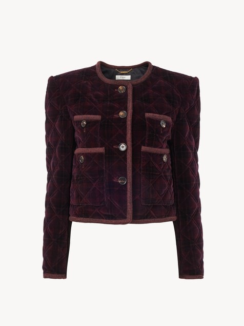 Veste droite sans col en coton &agrave; carreaux