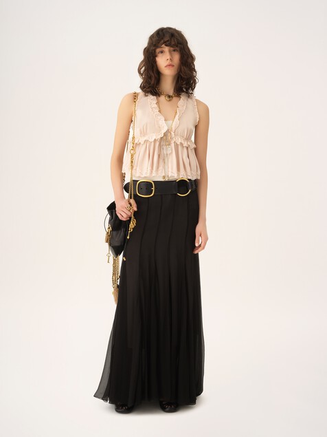 Tie-front sleeveless top in washed silk satin & lace