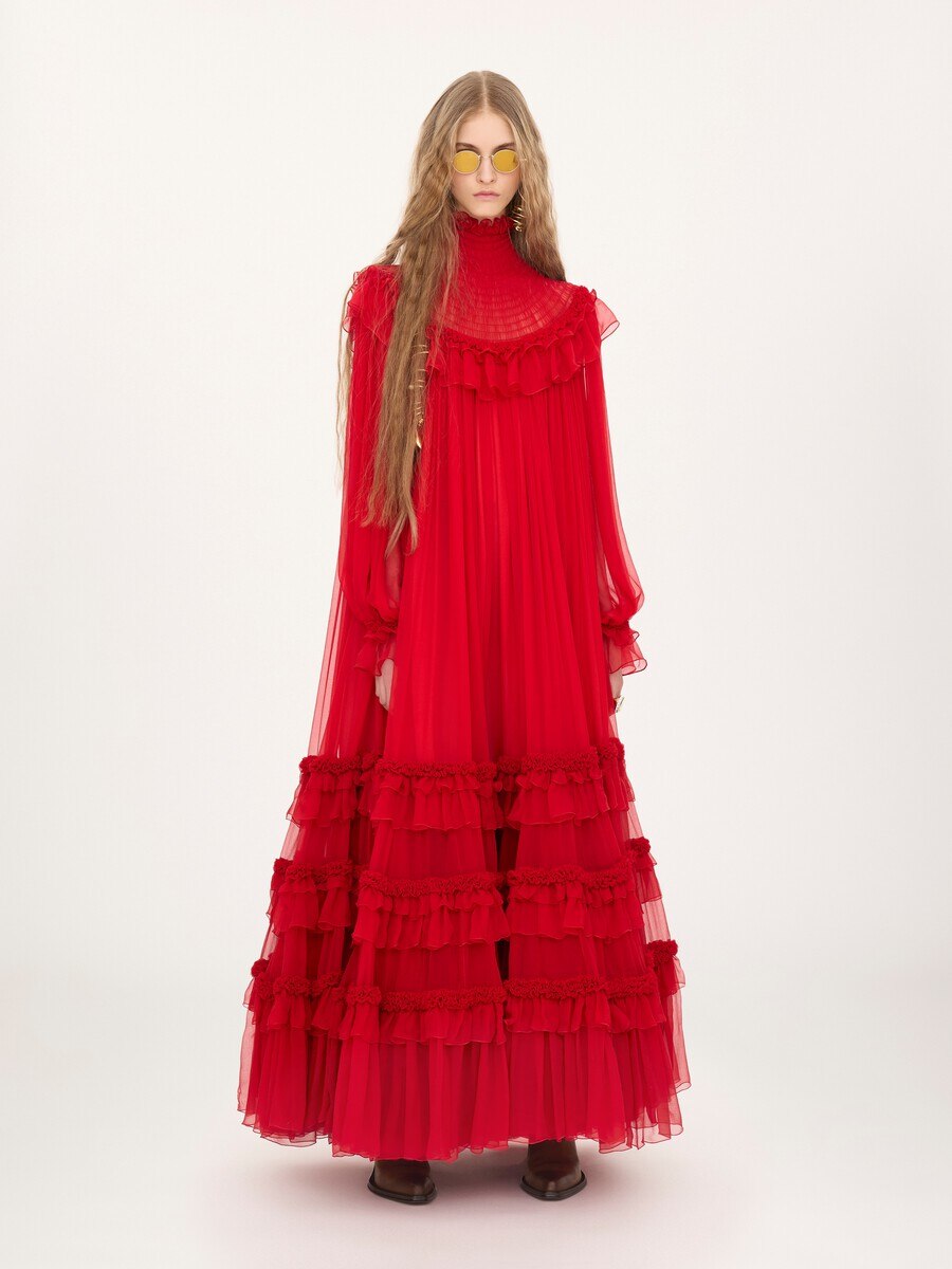 Robe longue col montant &agrave; volants en mousseline de soie - 3