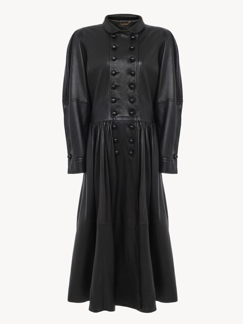 Oversized long riding coat in leather