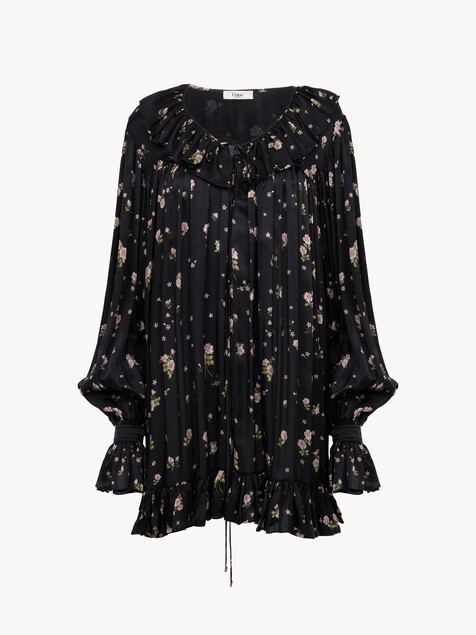 Mini robe manches longues fronc&eacute;e en charmeuse de soie