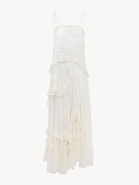 Thin-strap long dress in embroidered lace