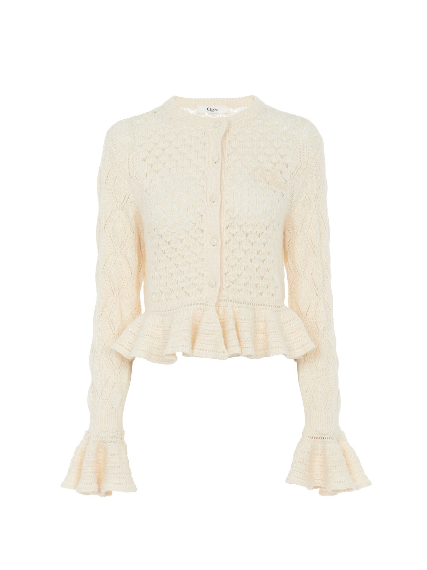 シルク、アルパカ、コットンニット製ラッフルロゴカーディガン 白 - Chloé