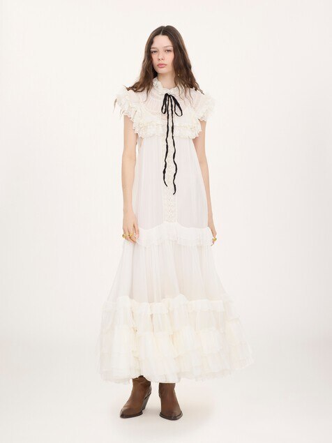Tie-front ruffled long dress in silk mousseline & lace