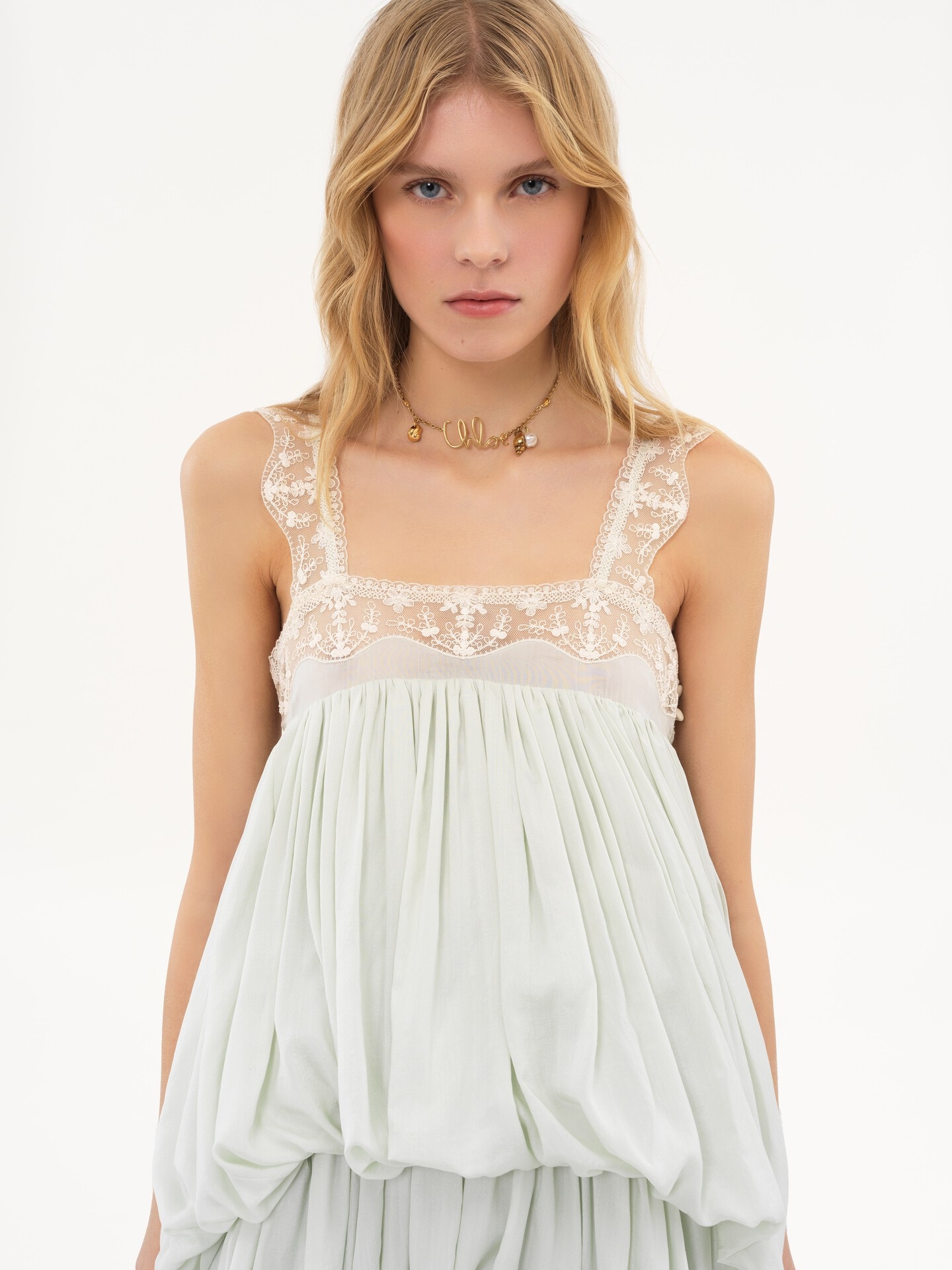 High-low ruffled dress in silk habotai & lace - 7