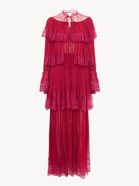 Long ruffled dress in silk mousseline & lace
