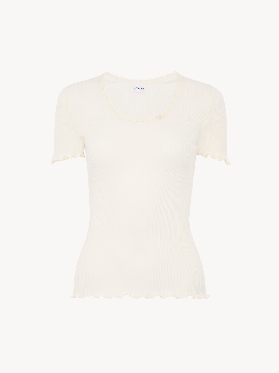 T-shirt aderente con scollo profondo in jersey di cotone e seta